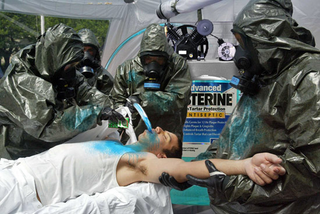 A Tempe, AZ resident’s mouth is sanitized by emergency oral hygiene workers.